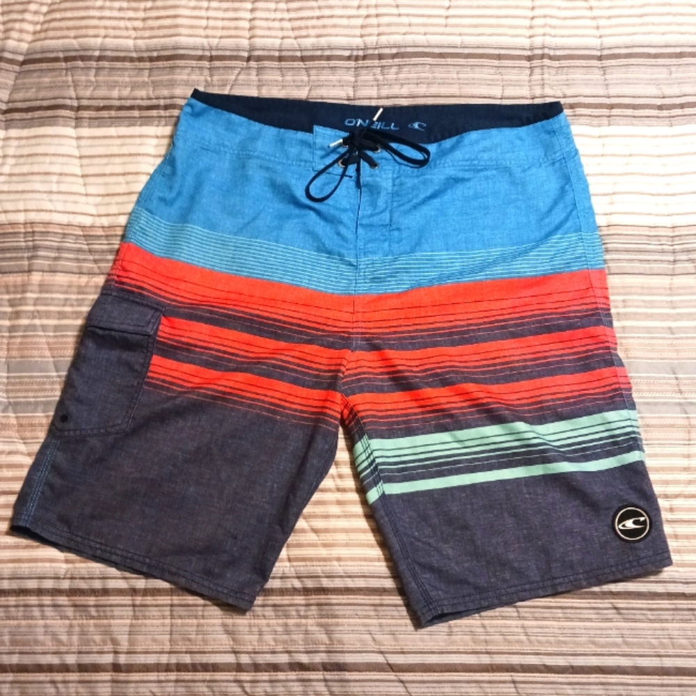 O'Neill Men's Size 34 Striped Board Shorts Side Pocket Swim Trunks